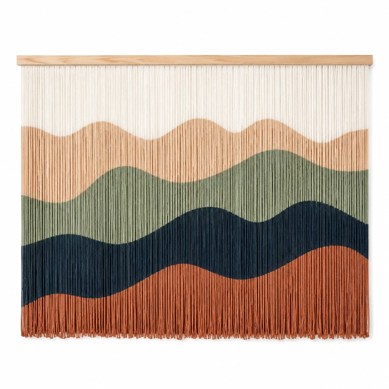 Wandteppich 120 x 120 cm aus Baumwollgarn in Natur Beige Grün Blau Terrakotta mit Bergmotiv