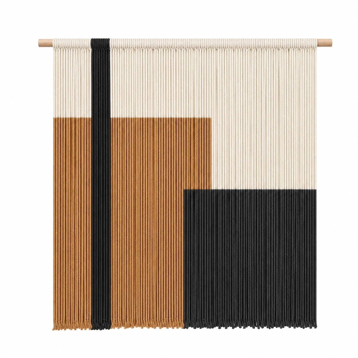 Wandteppich 100 x 100 cm Baumwollkordel Beige Schwarz Braun mit Holzstab im geometrischen Stil