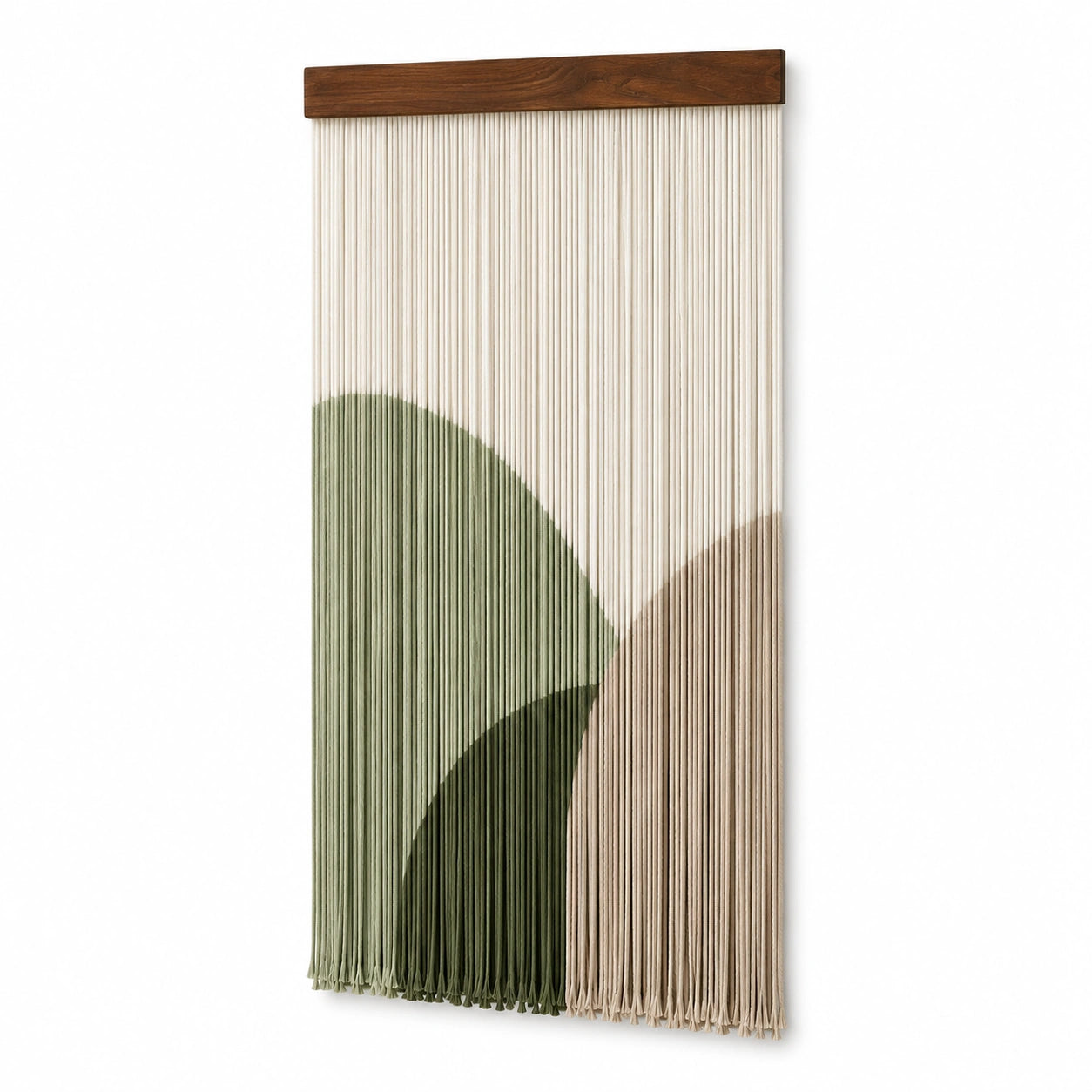 Wandteppich 60 x 120 cm aus Baumwolle in Grün Beige mit Holzleiste im Boho Stil