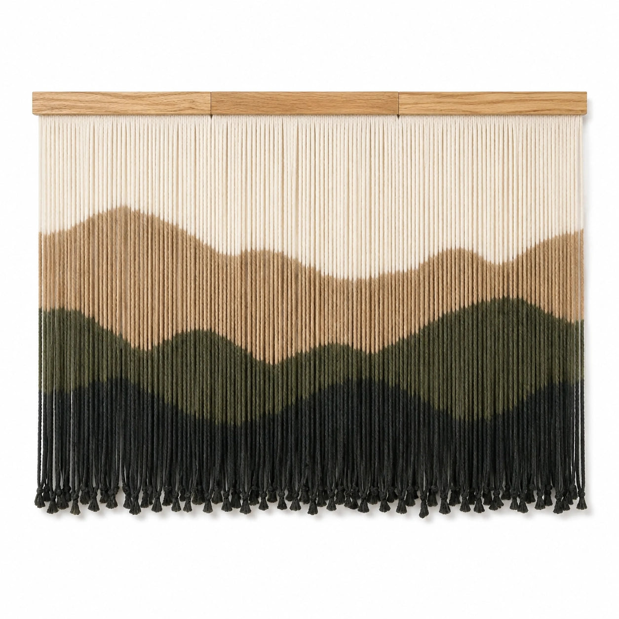 Wandteppich 100 x 90 cm aus Baumwollkordel und Holz in Creme/Beige/Grün/Schwarz im Bergstil