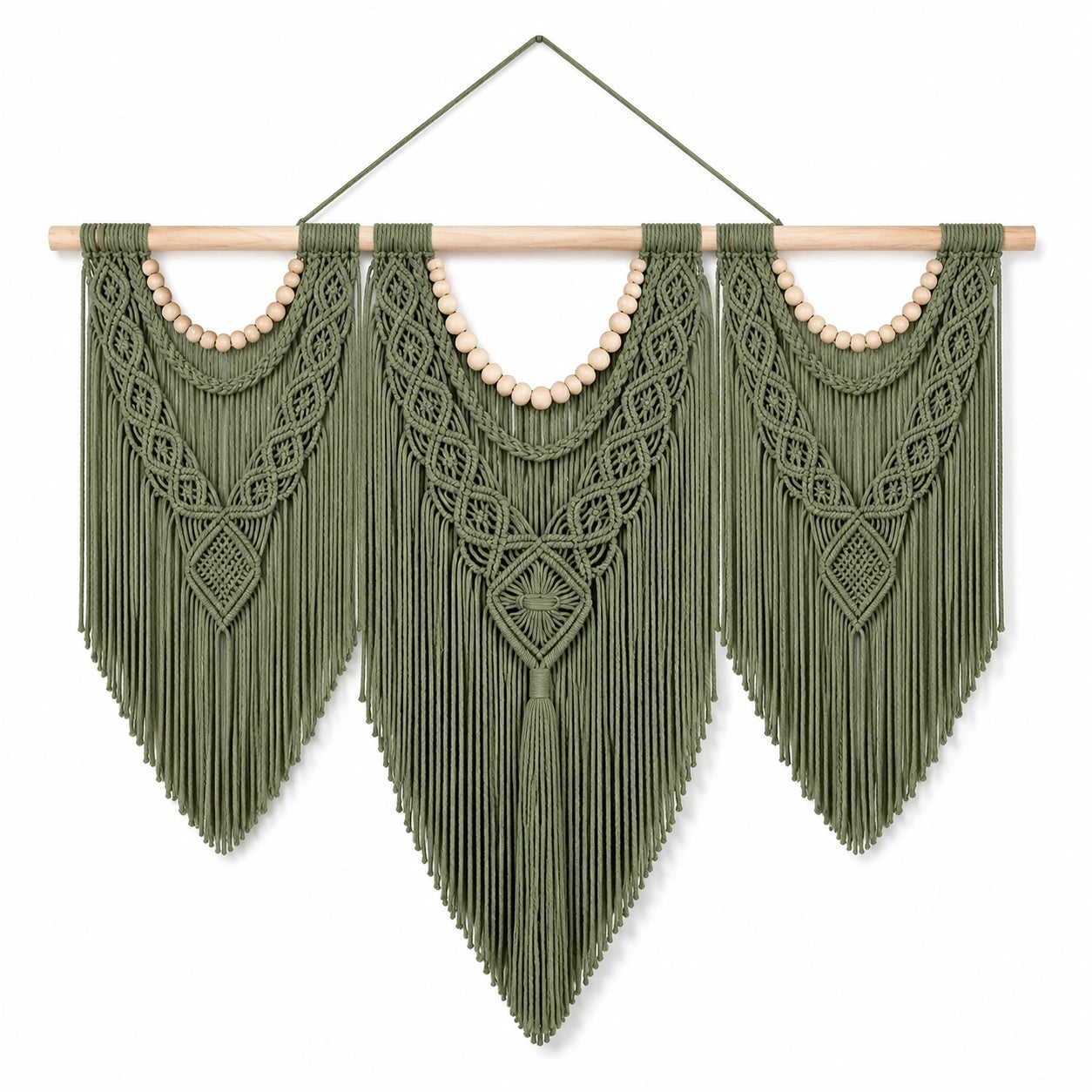 Makramee Wandbehang 110 x 110 cm aus Baumwolle in Grün mit Holzstab im Boho Stil