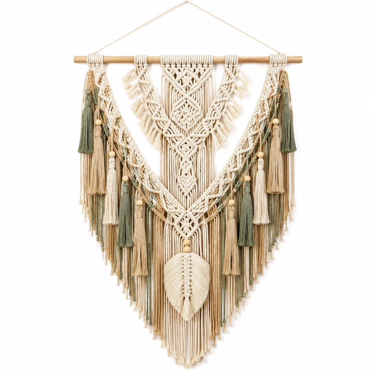 Makramee Wandbehang 50 x 90 cm aus Baumwolle in Beige Grün mit Holzstab im Boho-Stil