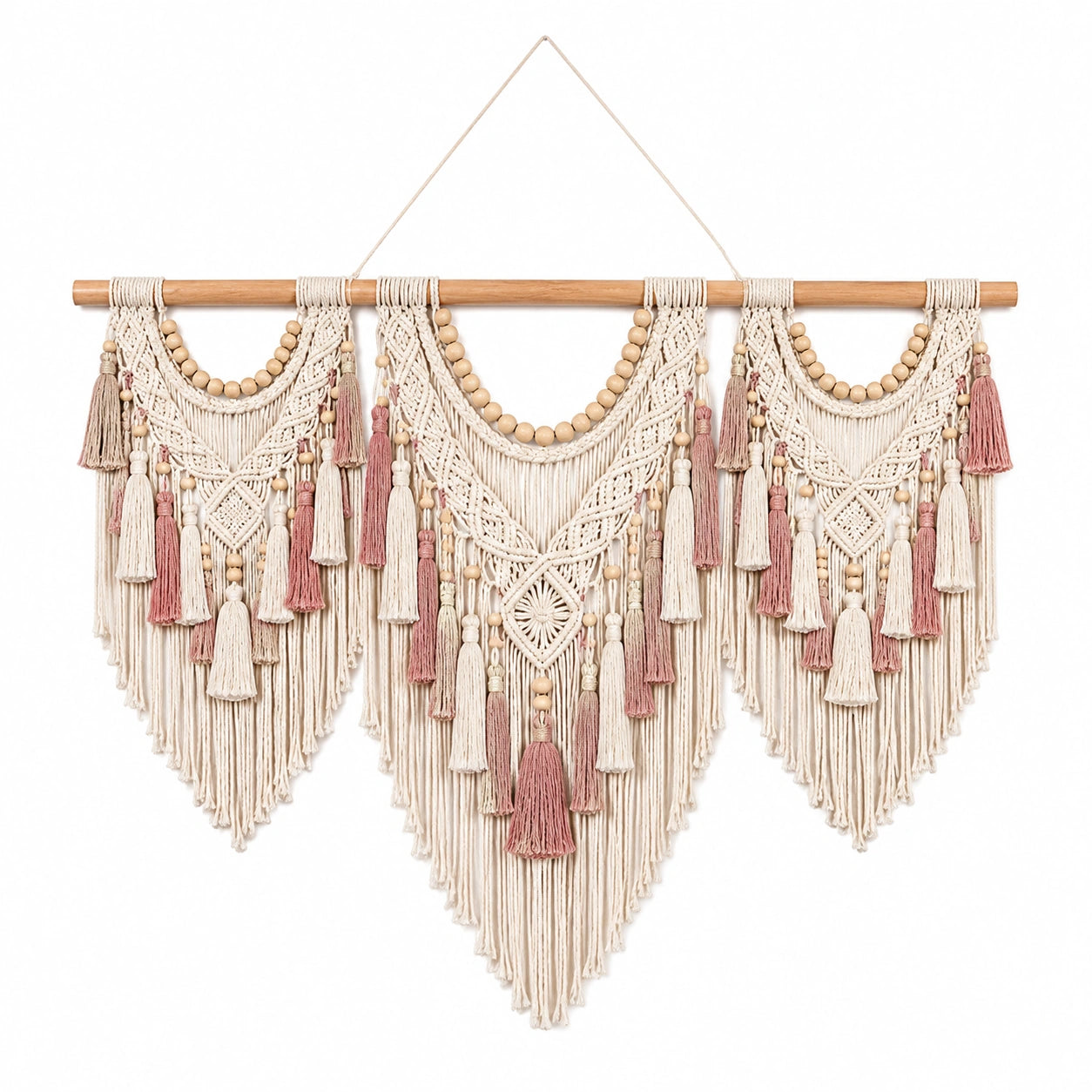 Makramee Wandbehang 110 x 100 cm aus Baumwolle in Creme Rosa mit Holzstab im Boho Stil