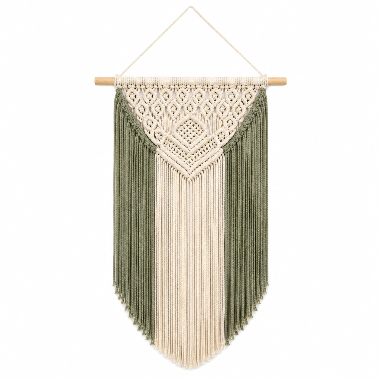Makramee Wandbehang 50 x 95 cm aus Baumwolle in Creme Grün mit Holzstab im Boho Stil