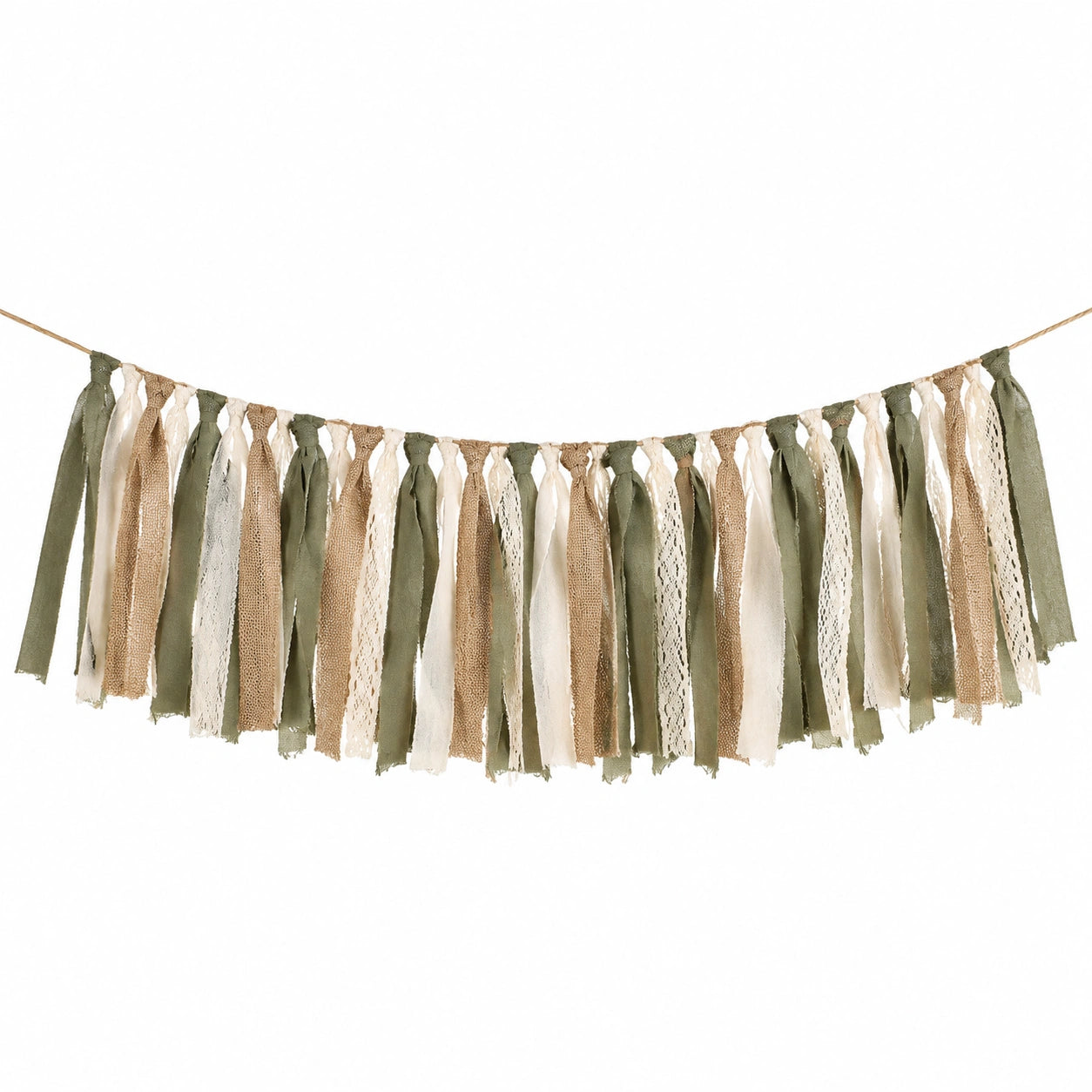 Stoffgirlande 150 cm Grün Beige Creme mit Jute und Spitzenbändern im Boho Stil