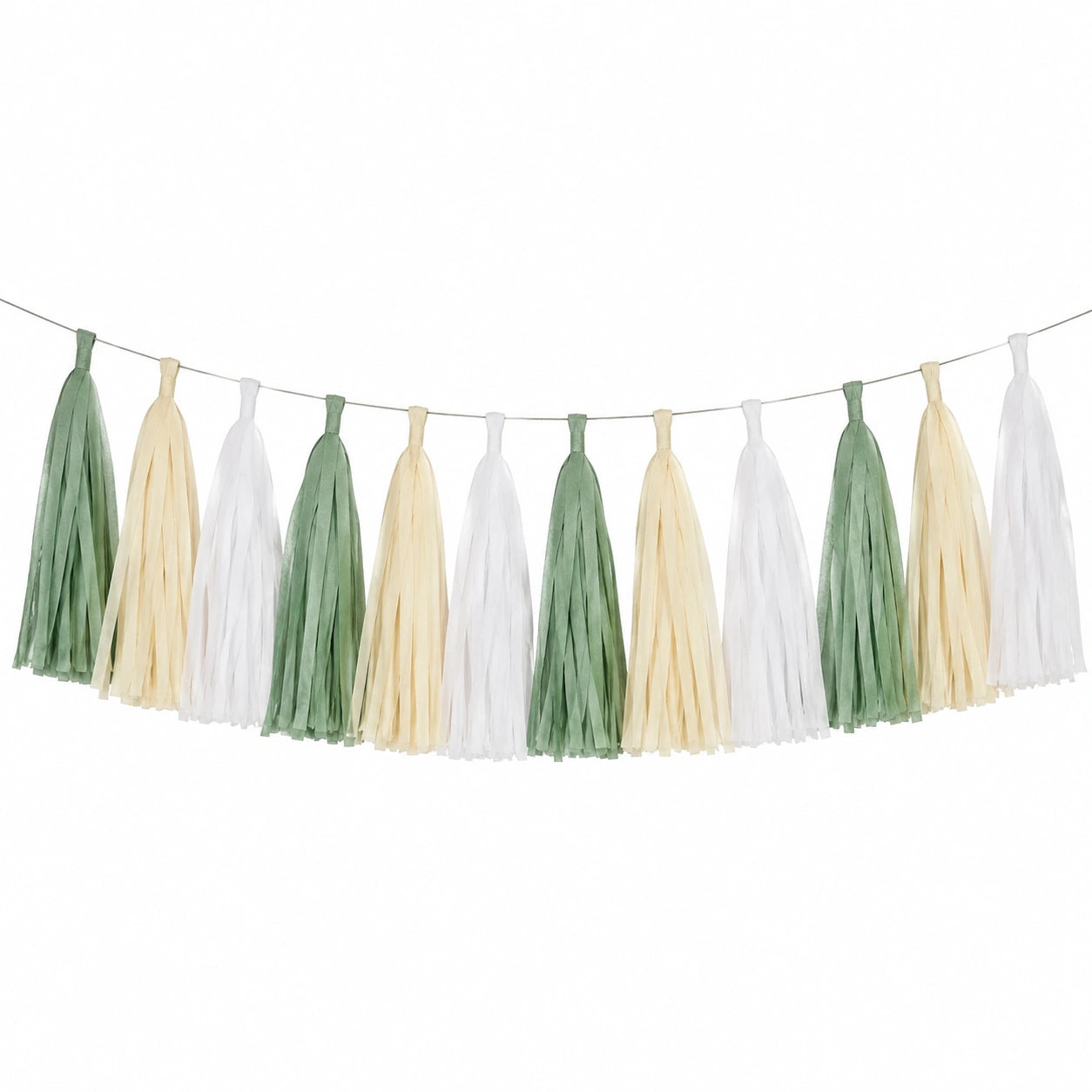 Quastengirlande 150 x 30 cm aus Papier Grün Creme Weiß für Partydekoration