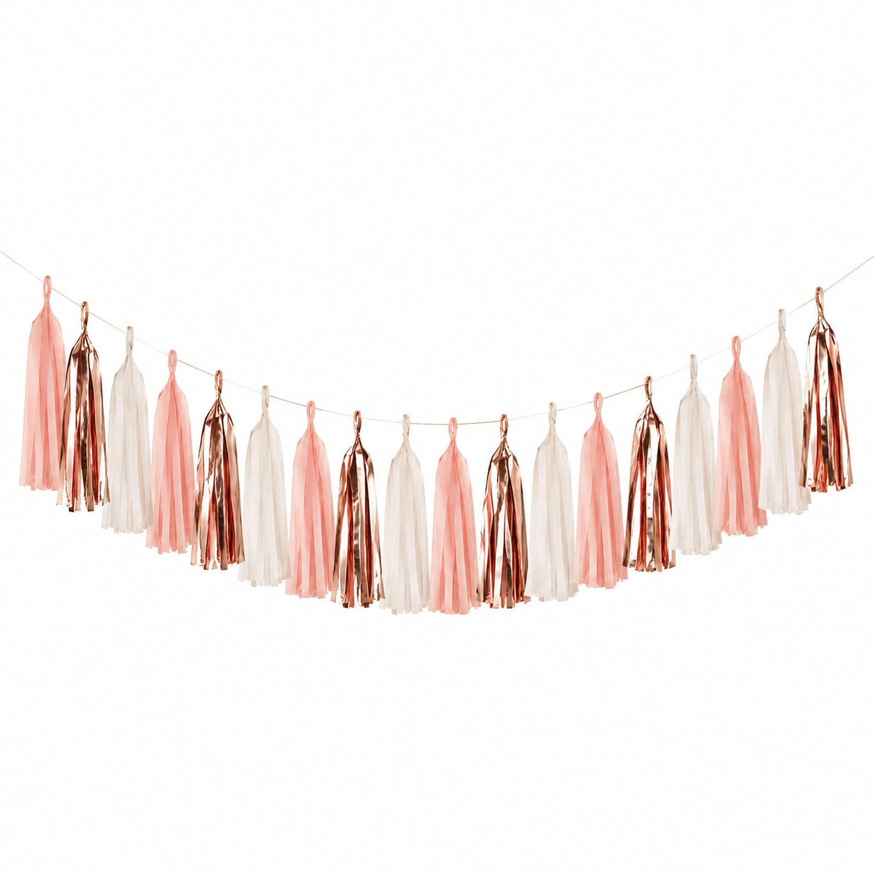 Quastengirlande 300 x 30 cm aus Papier und Folie in Rosa Weiß Roségold für Partydekoration