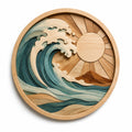 Wanddekoration 60 cm aus Holz Natur Blau mit Wellen und Sonnenmotiv