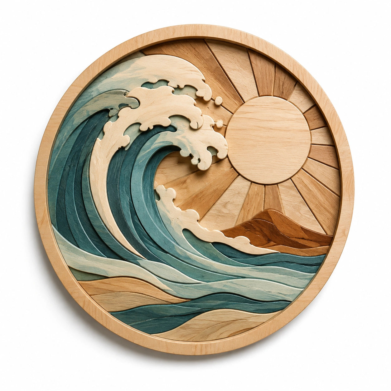 Wanddekoration 60 cm aus Holz Natur Blau mit Wellen und Sonnenmotiv