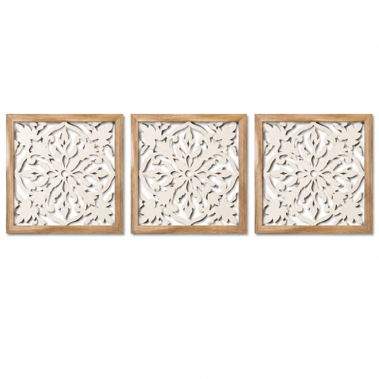 Wanddekoration 3er Set 40 x 40 cm Holzwerkstoff Naturweiß mit floralem Relief
