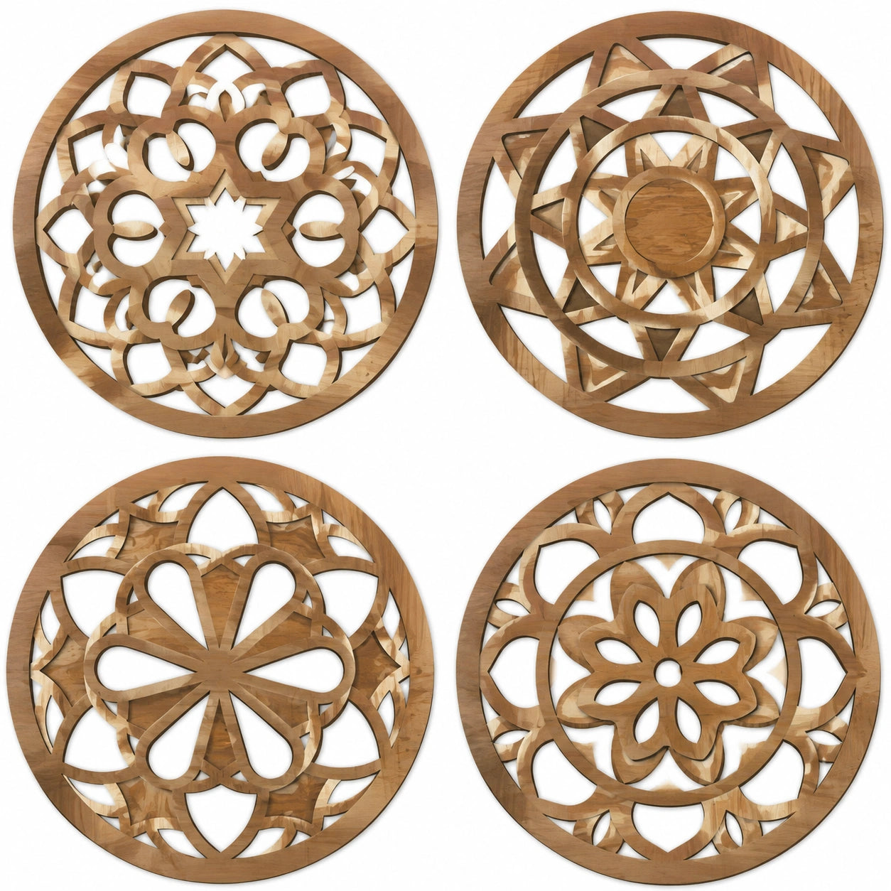 Wanddekoration 4er Set Durchmesser 40 cm Holz Naturbraun geometrisches Blumenmuster für Innenräume