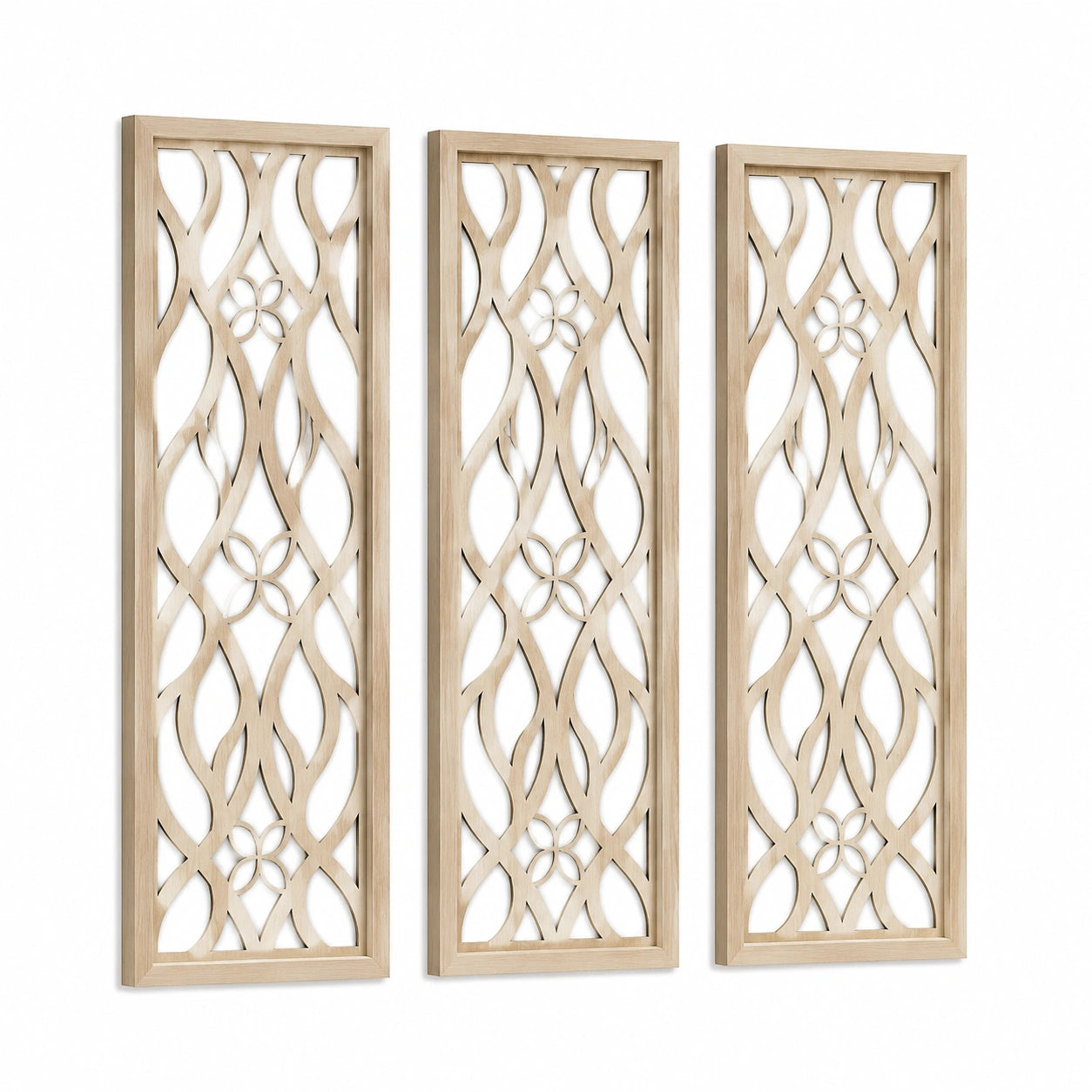 Wanddekoration 3er Set 30 x 90 cm Holz naturfarben mit Durchbruchmuster