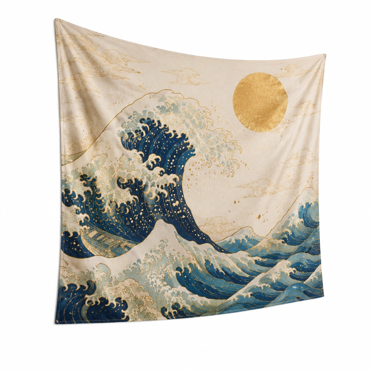 Wandteppich 150 x 150 cm aus Polyester in Beige Blau Gold - Wellenmotiv für Wanddekoration