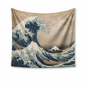 Wandteppich 150 cm x 130 cm aus Polyester Beige Blau mit Wellenmotiv im japanisch inspirierten Stil