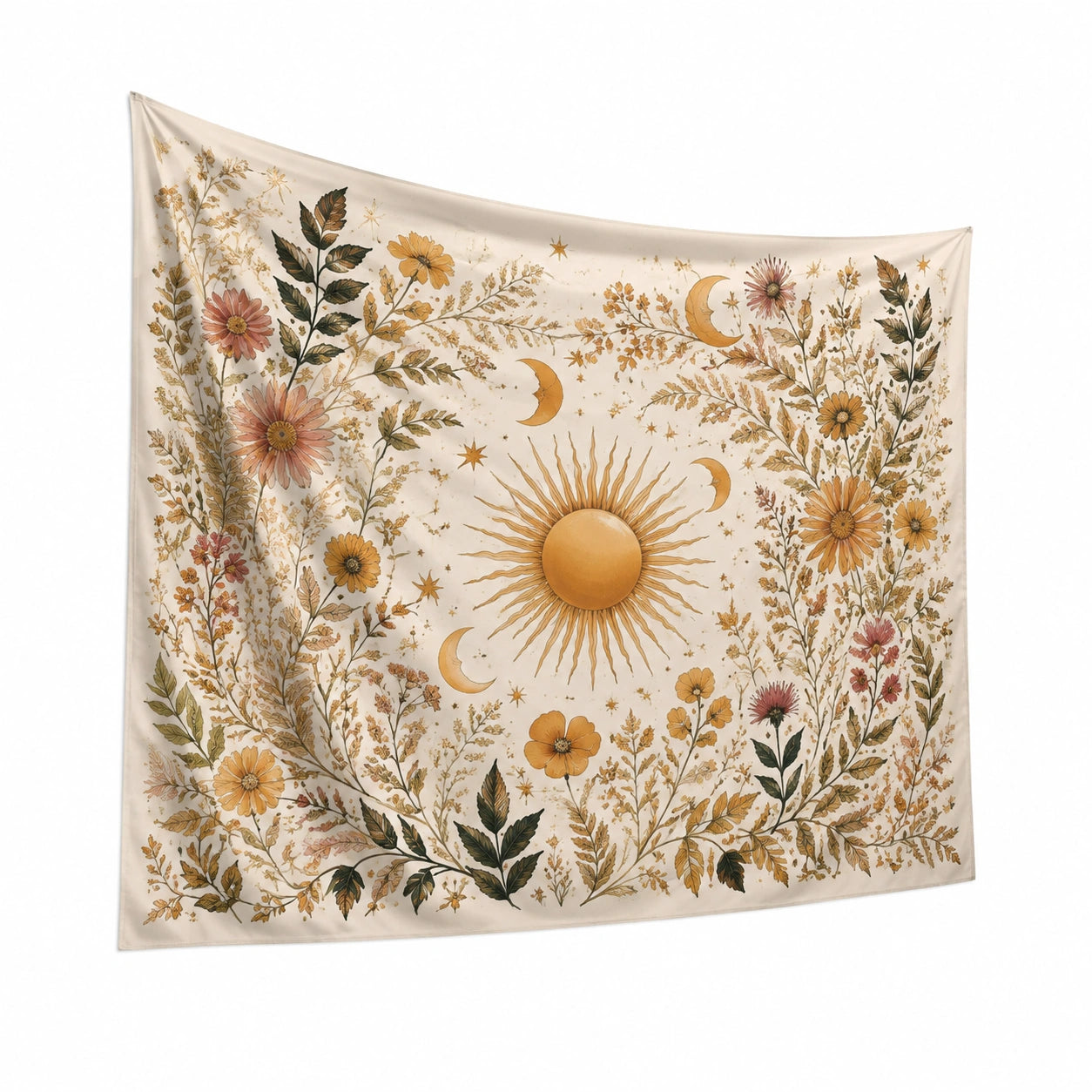 Wandteppich 150 x 150 cm Textilgewebe Cremefarben Blumen Sonne Mond Dekoration