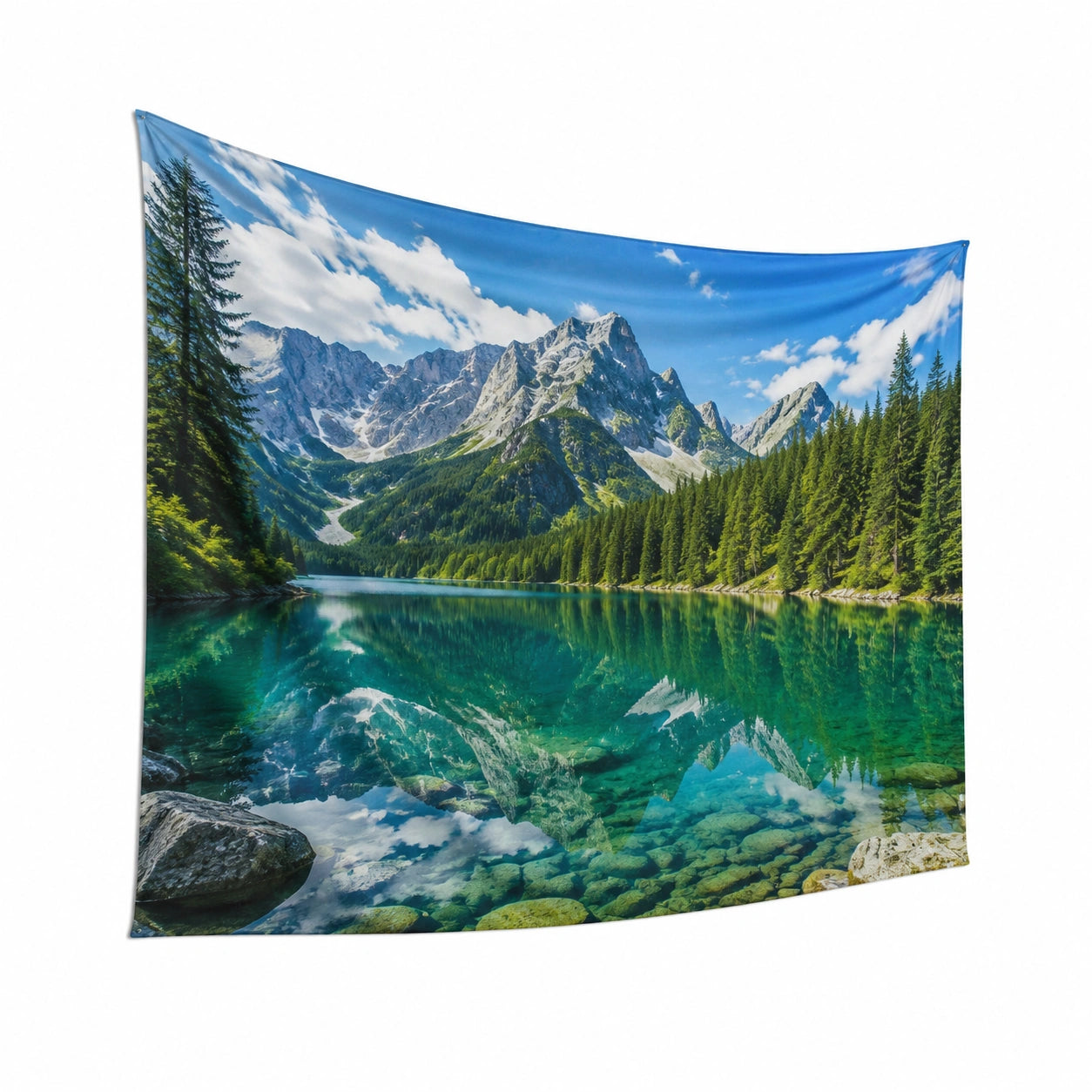 Wandteppich 150 x 130 cm aus Polyester Blau Grün mit Bergsee Landschaftsbild