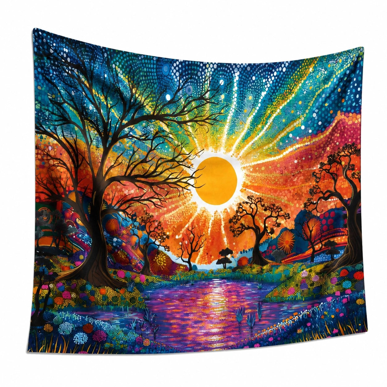 Wandteppich 150 x 130 cm Polyester Mehrfarbig Sonnenuntergang Waldmotiv