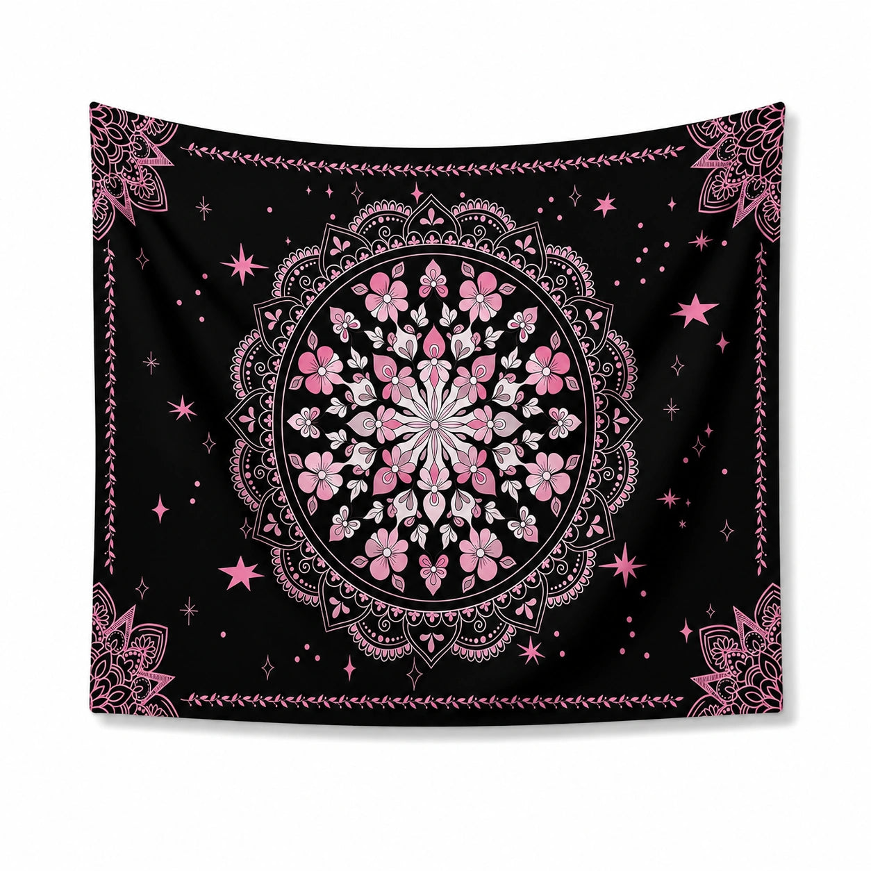 Wandteppich 150 x 150 cm aus Polyester Schwarz Rosa mit Blumenmandala als Wanddekoration